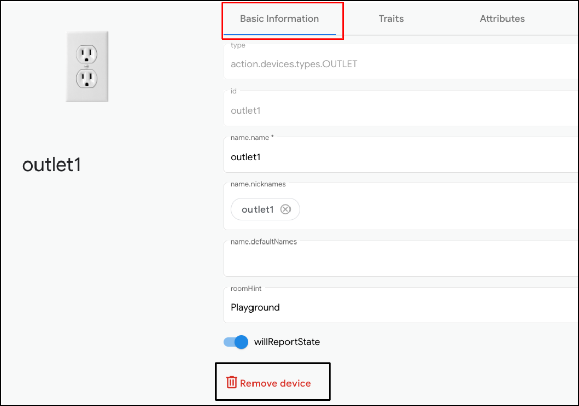 Bu resimde, Google Home Playground'ta sanal cihaz türlerini kaldırmak için kullanılan kullanıcı deneyimi aracı gösterilmektedir.